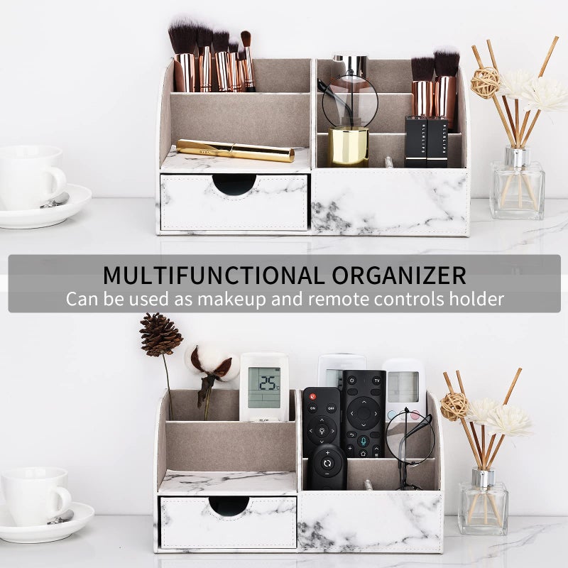 KINGFOM Pu Leather Desk Organizer Pen Pencil Holder Office Supplies Caddy Storage Box 6 Compartments with Drawer Gray Marble - Image 5